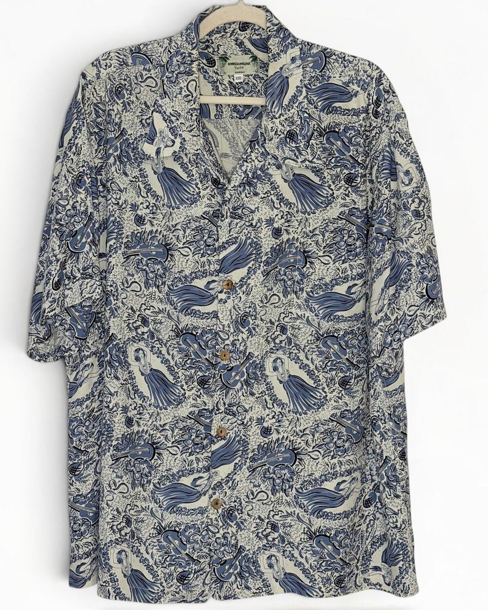 Vintage 90s Kamehameha Rayon Hawaiian Shirt Hula Ukulele Tiki Aloha XXL Made USA